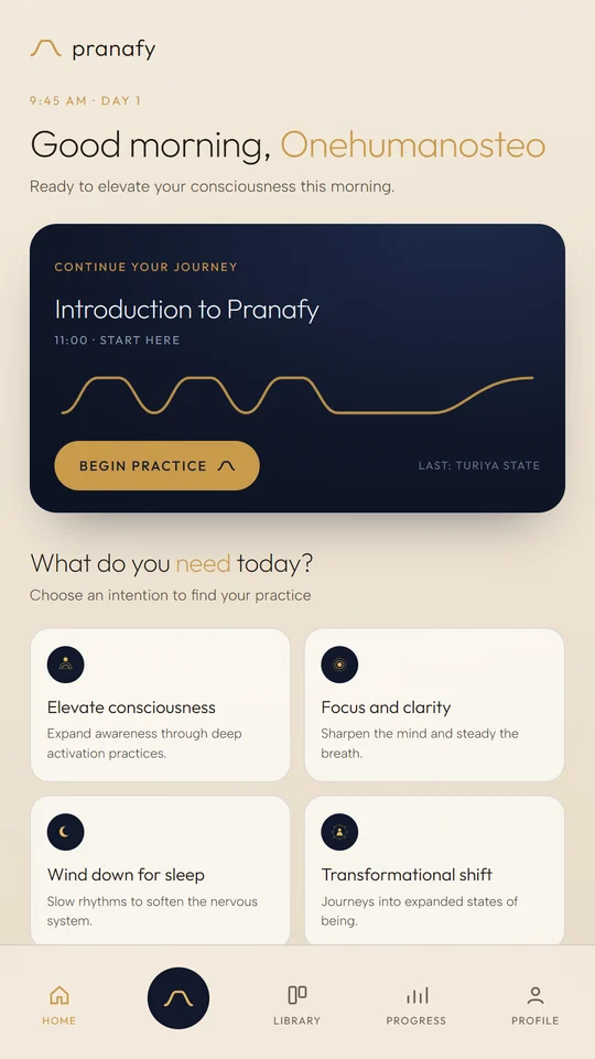 The Pranafy home screen with the day’s continue card