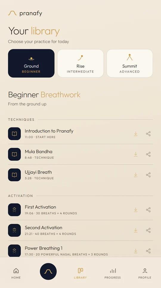 The Pranafy session library grouped by level